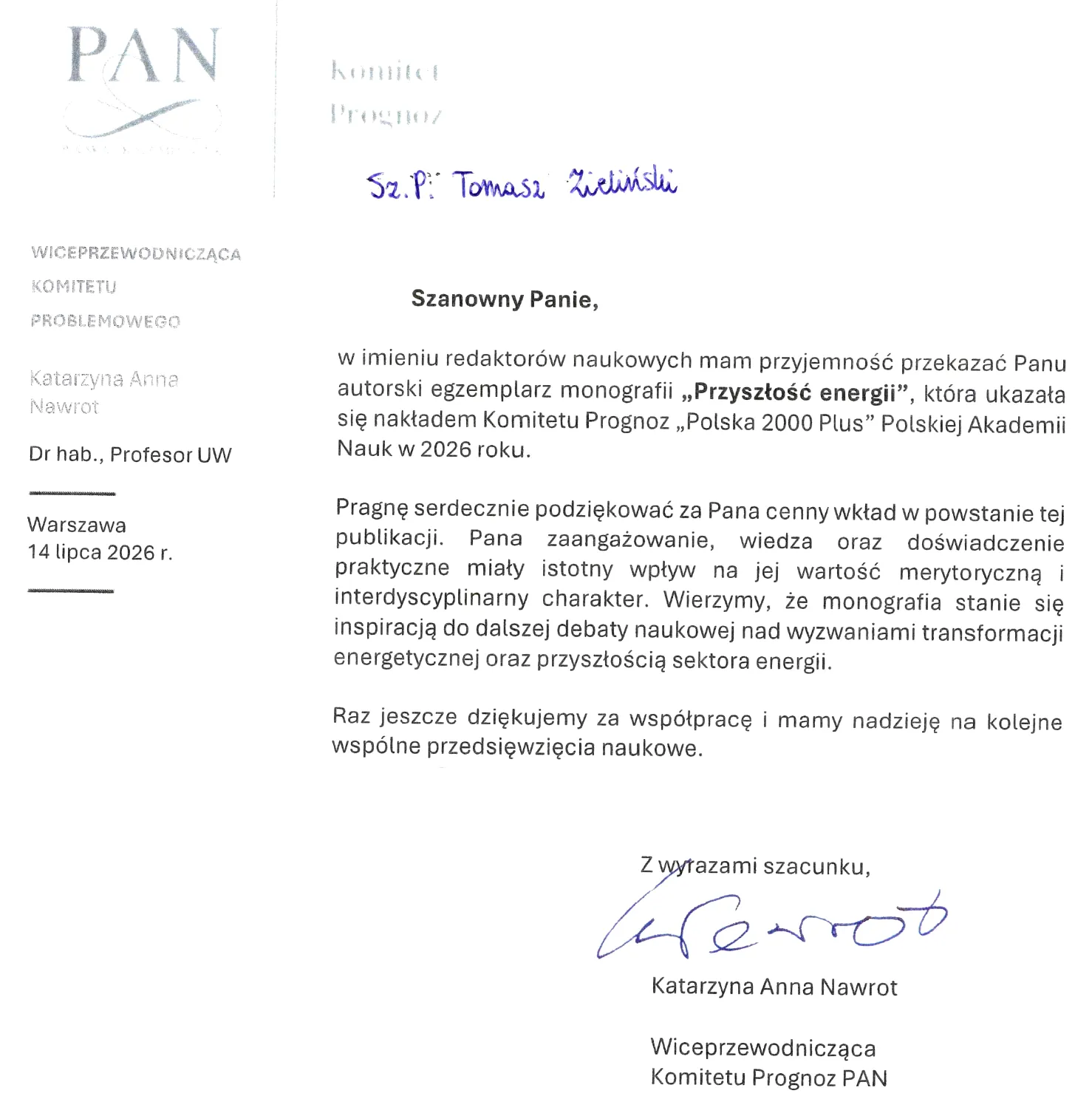 List z podziękowaniami od wiceprzewodniczącej Komitetu Prognoz PAN dla Tomasza Zielińskiego za wkład w powstanie monografii «Przyszłość energii»