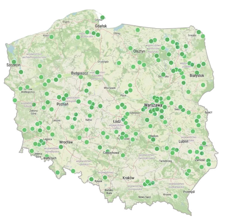 Mapa gmin w Polsce, w których działają lub powstają spółdzielnie energetyczne współpracujące z OZE Rentier